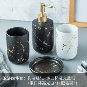 High quality matte marble pattern bathroom soap dispenser ceramic lotion bottle soap dish toothbrush holder mouthwash cup