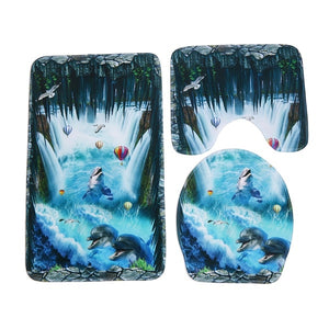 3Pcs/set Bathroom Mat Set Ocean Underwater World Anti Slip Kitchen Bath Mat Coral Fleece Floor Mats Washable Bathroom Toilet Rug